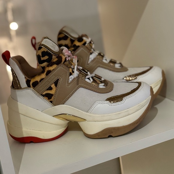 Michael Kors Leopard Print White Red Gold Olympia Trainer Size 6M - Picture 2 of 12